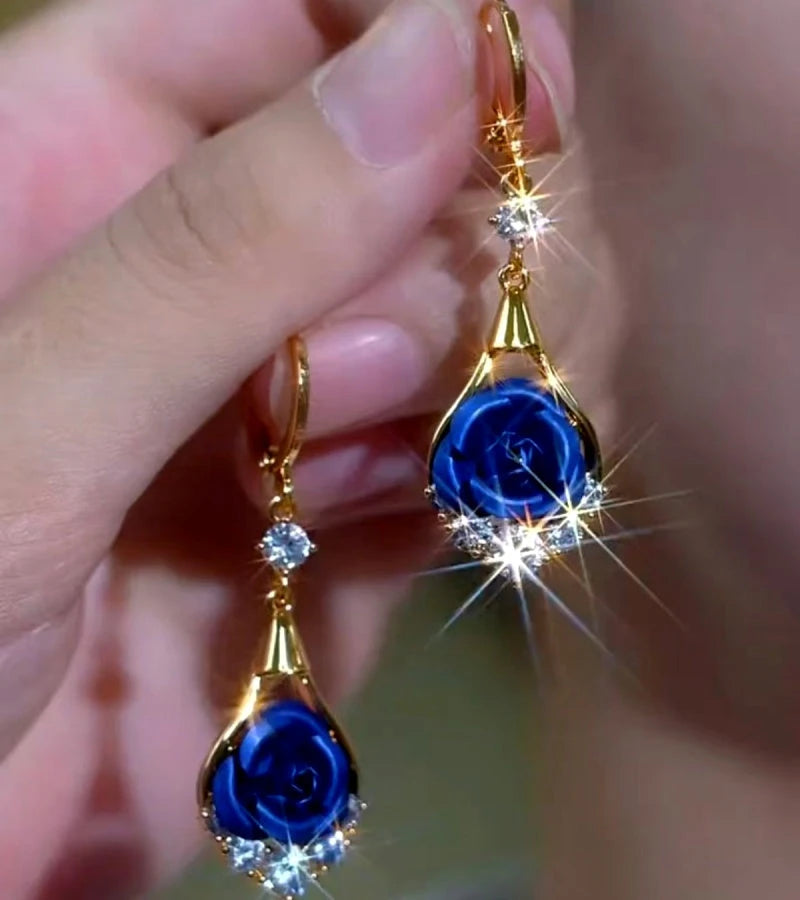 14K Gold-Plated Elegant Zircon Diamond Blue Rose Flower Earrings - elegant Blue Rose Earrings