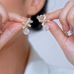 14K Gold-Plated Elegant Zircon Diamond Bow Ball Earrings - elegant Bow Ball Earrings
