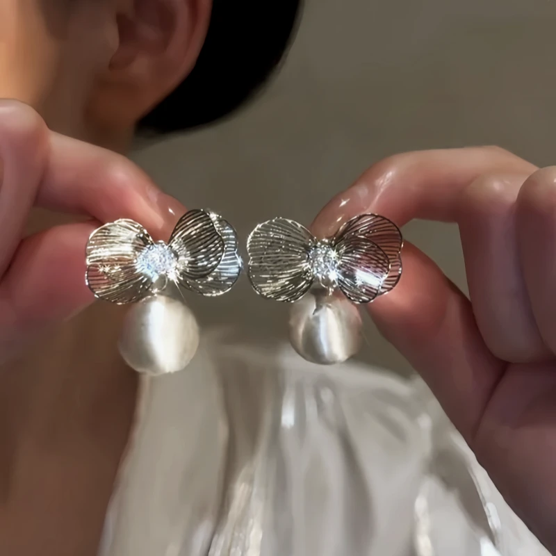 14K Gold-Plated Elegant Zircon Diamond Bow Brushed Ball Earrings - elegant Bow Earrings