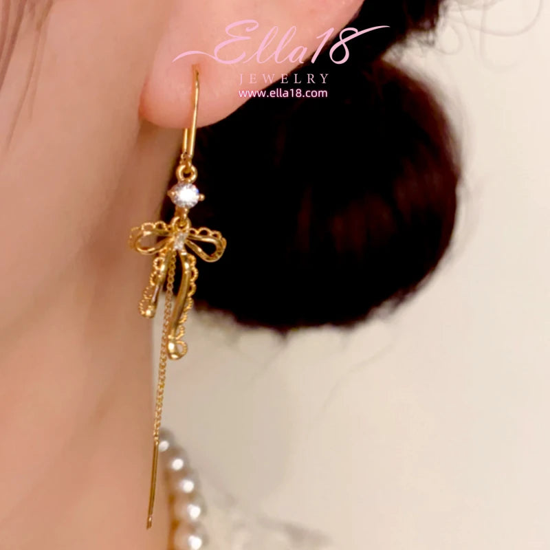 14K Gold-Plated Elegant Zircon Diamond Bow Threader Earrings - elegant Bow Threader Earrings