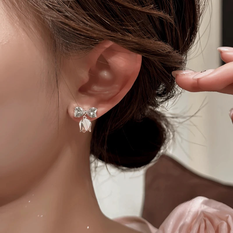 Close-up detail of the sparkling zircons and plating on the Flower Earrings