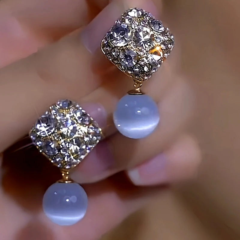 14K Gold-Plated Elegant Zircon Diamond Cat's Eye Bead Earrings - elegant Cat's Eye Bead Earrings