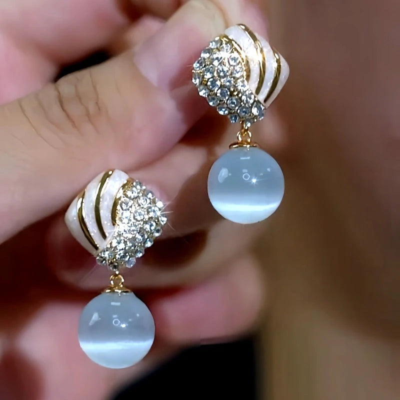 14K Gold-Plated Elegant Zircon Diamond Cat's Eye Bead Tassel Earrings - elegant Tassel Earrings