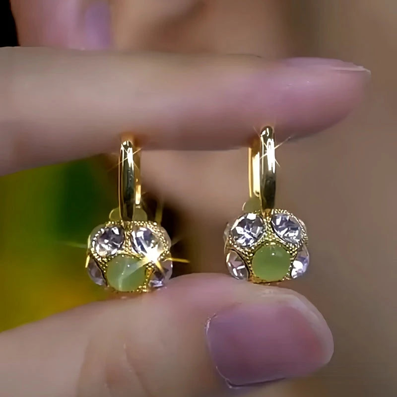 14K Gold-Plated Elegant Zircon Diamond Cat's Eye Stone Ball Earrings - elegant Ball Earrings