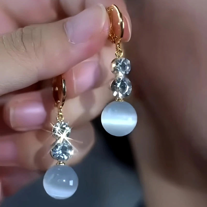 14K Gold-Plated Elegant Zircon Diamond Cat's Eye Stone Earrings - elegant Green Cat's Eye Earrings