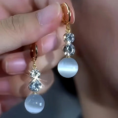 14K Gold-Plated Elegant Zircon Diamond Cat's Eye Stone Earrings - elegant Green Cat's Eye Earrings