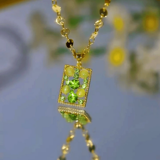 14K Gold-Plated Elegant Zircon Diamond Cat's Eye Stone Square Necklace worn to showcase its length and pendant detail