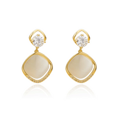 Angled view of the 14K Gold-Plated Elegant Zircon Diamond Cat's Eye Stone Tassel Earrings