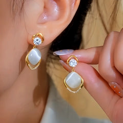 14K Gold-Plated Elegant Zircon Diamond Cat's Eye Stone Tassel Earrings - elegant Cat's Eye Tassel Earrings