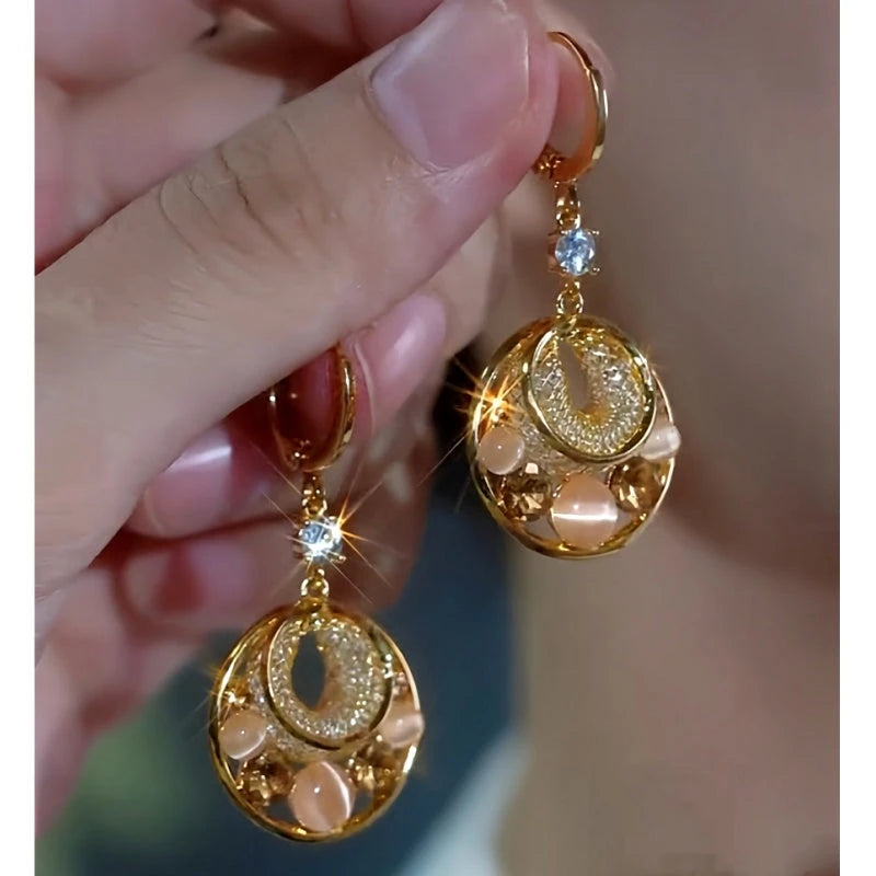 14K Gold-Plated Elegant Zircon Diamond Cat's Eye Stone Water Drop Earrings - elegant Water Drop Earrings