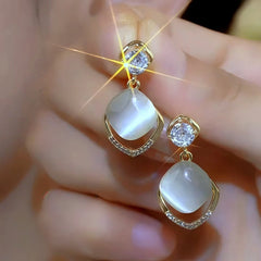 14K Gold-Plated Elegant Zircon Diamond Cat's Eye Stone Water Drop Earrings - elegant Teardrop Earrings
