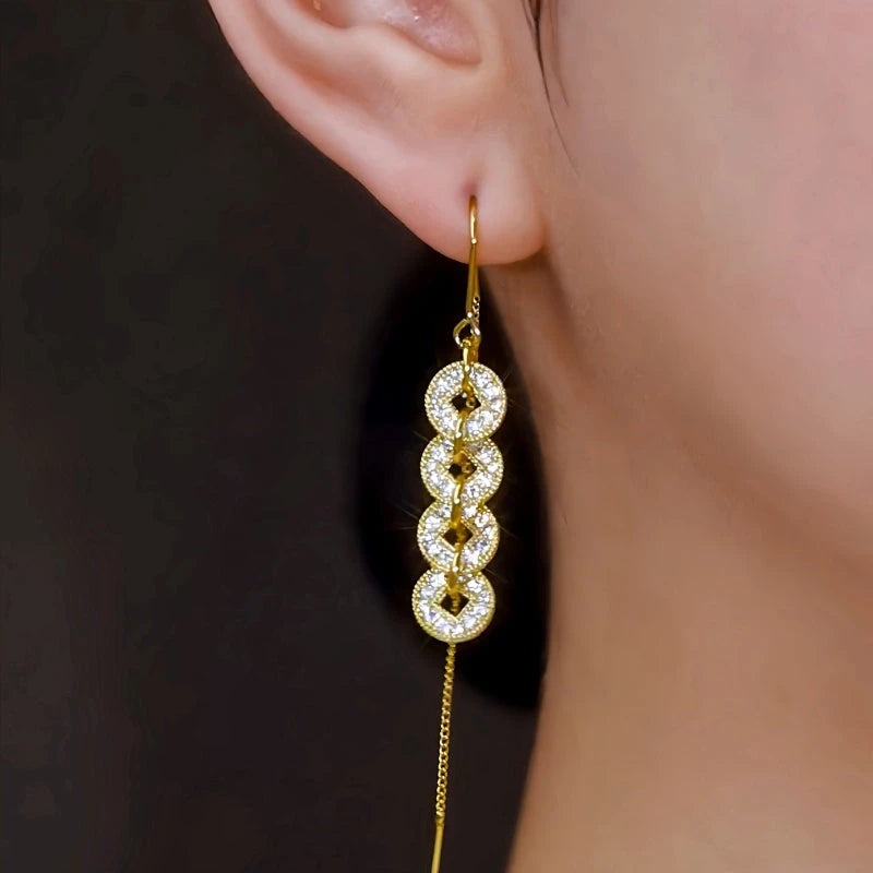 14K Gold-Plated Elegant Zircon Diamond Coin Tassel Threader Earrings - elegant Tassel Threader Earrings