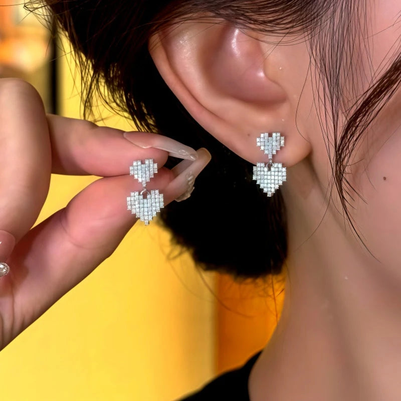 14K Gold-Plated Elegant Zircon Diamond Double-Layer Bling Heart Earrings - elegant Heart Earrings