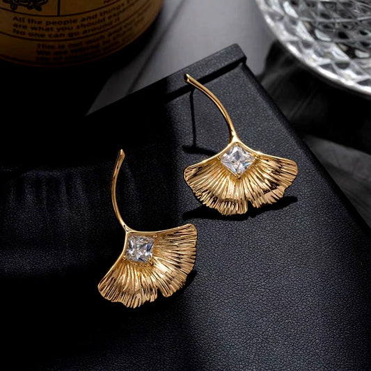 14K Gold-Plated Elegant Zircon Diamond Fan-Shaped Earrings - elegant Fan Shaped Earrings