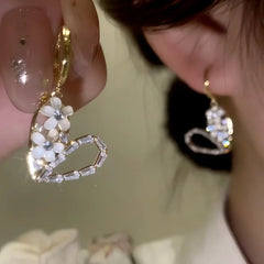 14K Gold-Plated Elegant Zircon Diamond Flower Heart Earrings - elegant Flower Heart Earrings