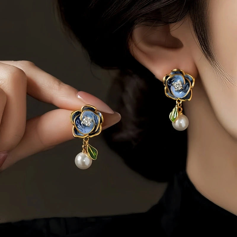 14K Gold-Plated Elegant Zircon Diamond Flower Pearl Earrings - elegant Flower Pearl Earrings