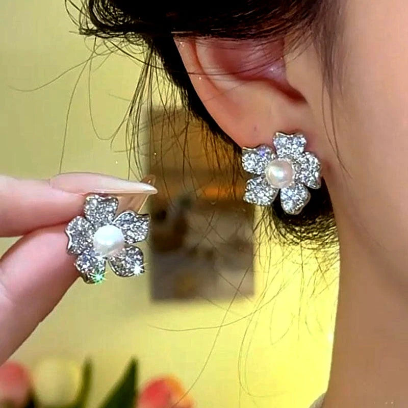 14K Gold-Plated Elegant Zircon Diamond Flower Pearl Stud Earrings - elegant Pearl Stud Earrings