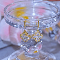 Angled view of the 14K Gold-Plated Elegant Zircon Diamond Four-Leaf Ear Hook Earrings
