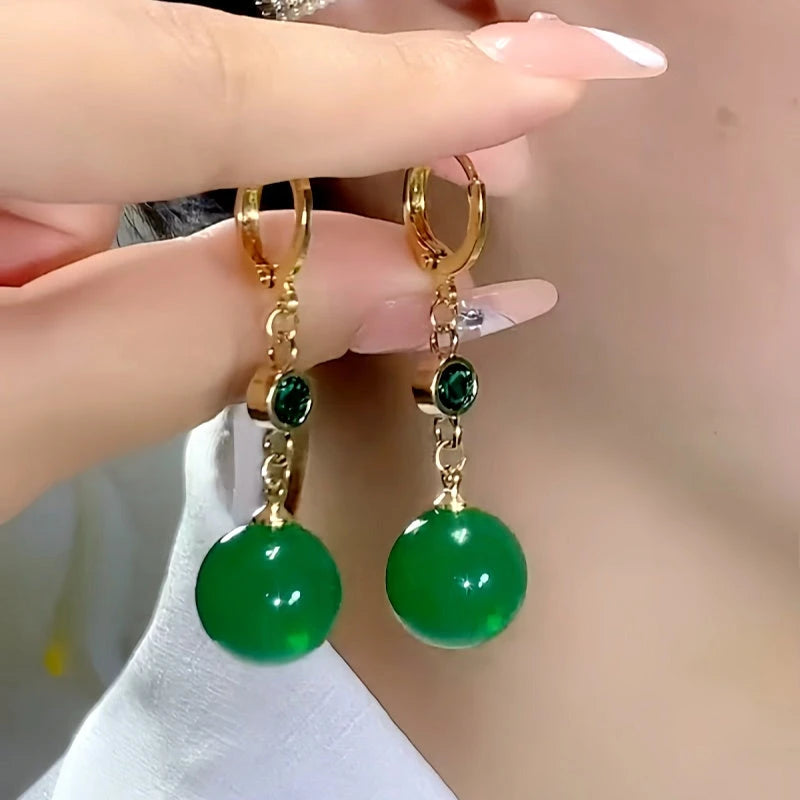 14K Gold-Plated Elegant Zircon Diamond Green Bead Earrings - elegant Green Bead Earrings