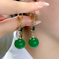 14K Gold-Plated Elegant Zircon Diamond Green Bead Earrings - elegant Green Bead Earrings