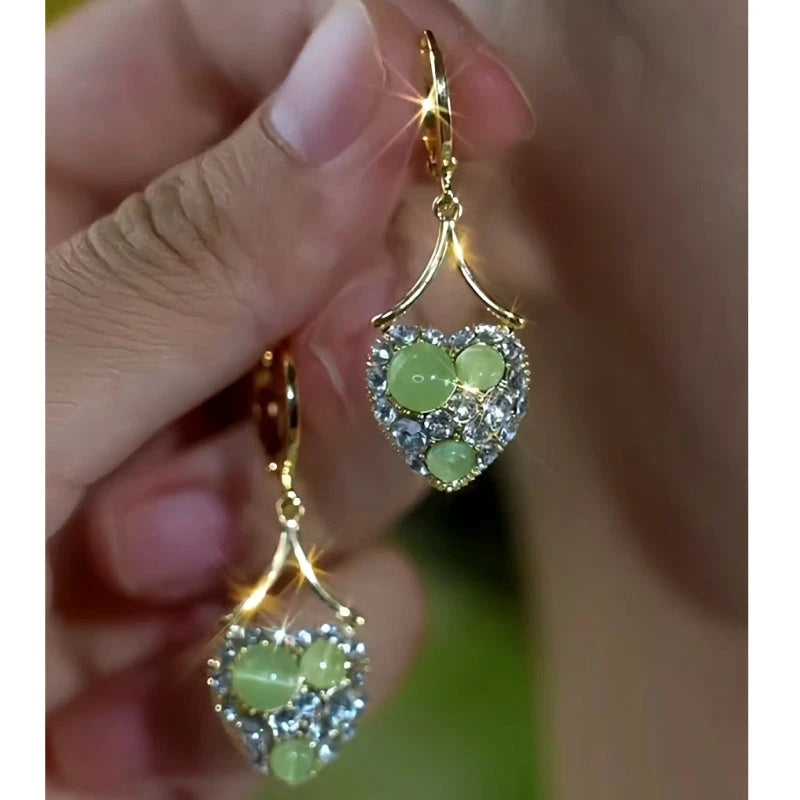 14K Gold-Plated Elegant Zircon Diamond Green Cat's Eye Stone Heart Earrings - elegant Heart Earrings