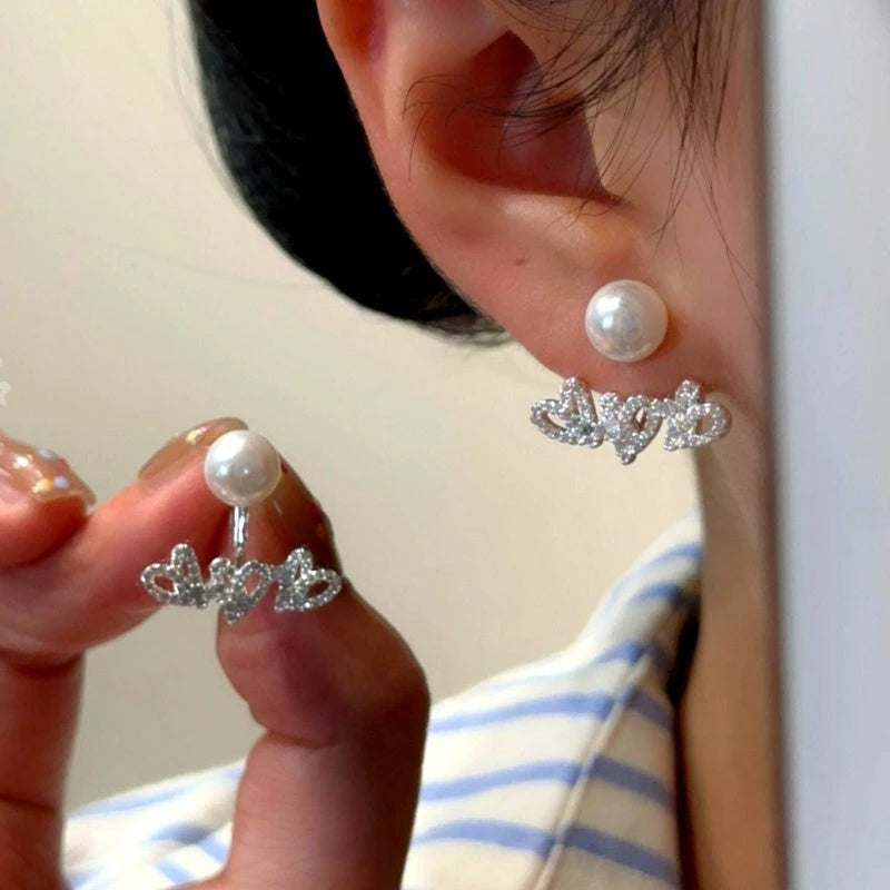 14K Gold-Plated Elegant Zircon Diamond Heart Pearl Jacket Earrings - elegant Pearl Jacket Earrings