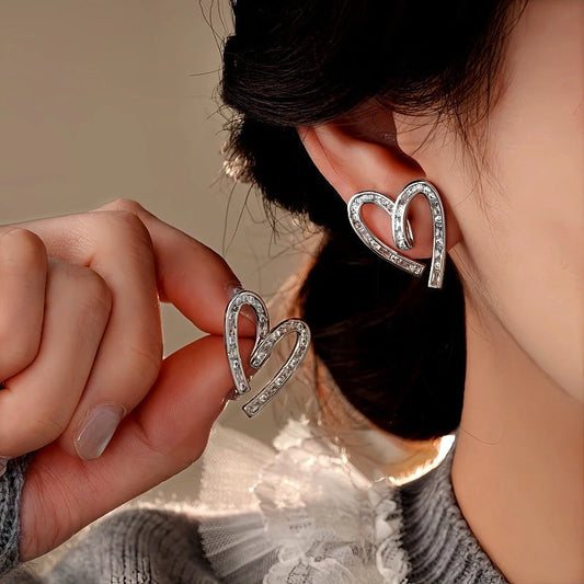 14K Gold-Plated Elegant Zircon Diamond Heart Stud Earrings - elegant Heart Studs