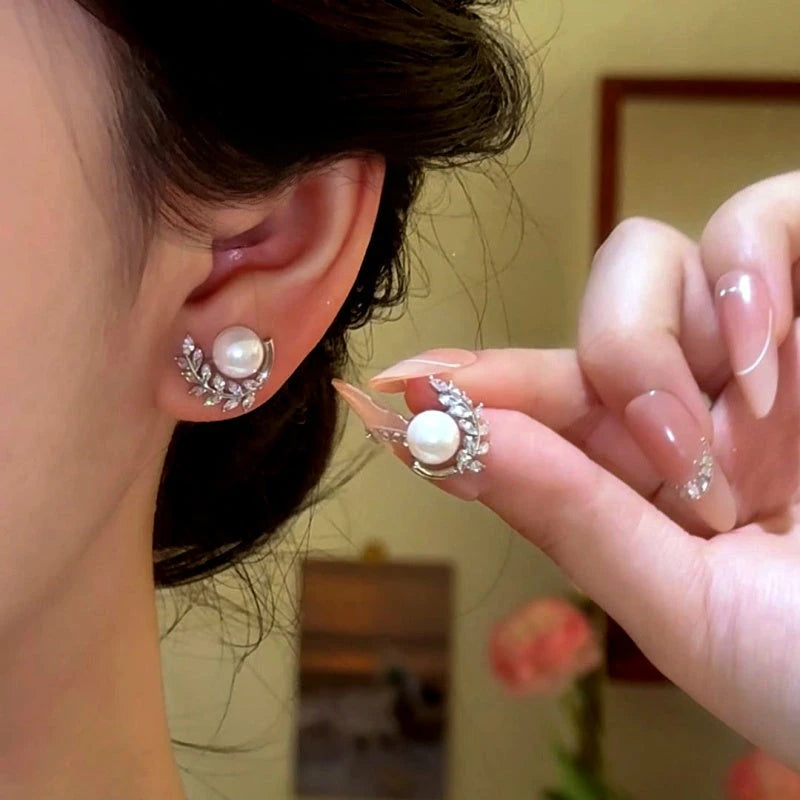 14K Gold-Plated Elegant Zircon Diamond Leaf Pearl Stud Earrings - elegant Pearl Stud Earrings