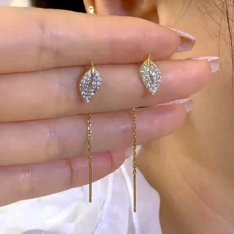 14K Gold-Plated Elegant Zircon Diamond Leaf Threader Earrings - elegant Leaf Threader Earrings