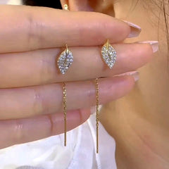 14K Gold-Plated Elegant Zircon Diamond Leaf Threader Earrings - elegant Leaf Threader Earrings