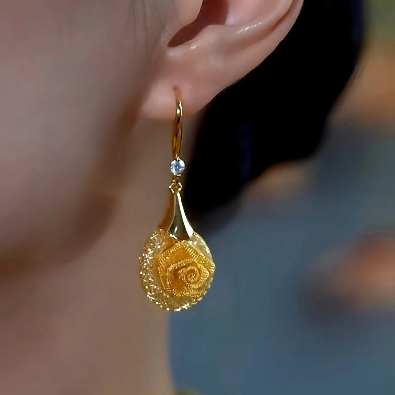 14K Gold-Plated Elegant Zircon Diamond Mesh Rose Ear Hook Earrings - elegant Rose Ear Hooks