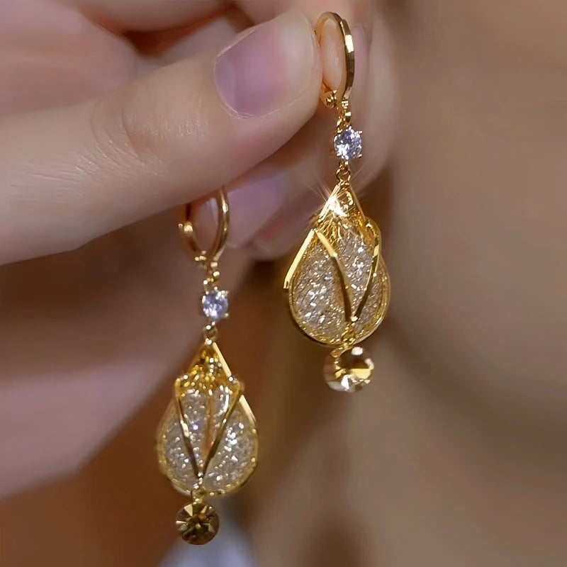 14K Gold-Plated Elegant Zircon Diamond Mesh Tulip Earrings - elegant Tulip Earrings