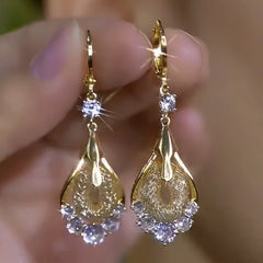 14K Gold-Plated Elegant Zircon Diamond Mesh Water Drop Earrings - elegant Water Drop Earrings
