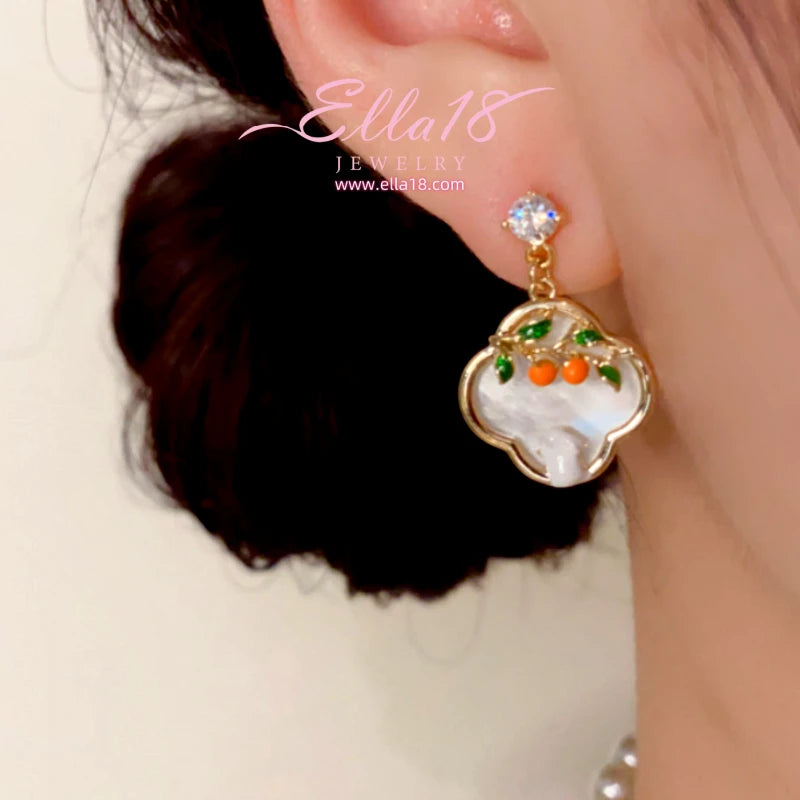 14K Gold-Plated Elegant Zircon Diamond Oil Drop Four-Leaf Persimmon Earrings - elegant Persimmon Earrings