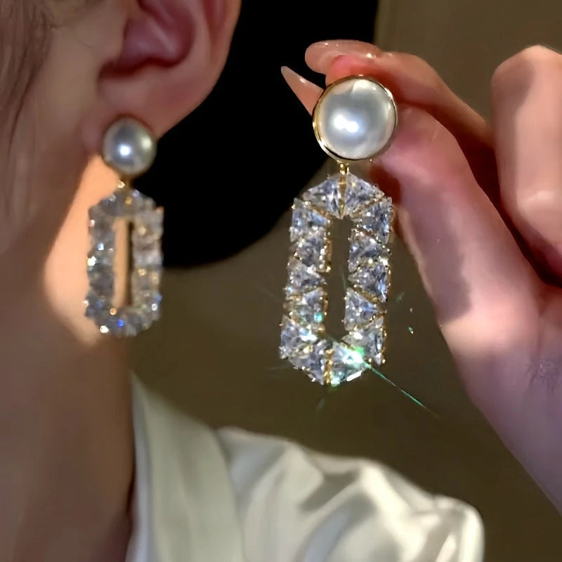 14K Gold-Plated Elegant Zircon Diamond Pearl Earrings - elegant Pearl Dangle Earrings