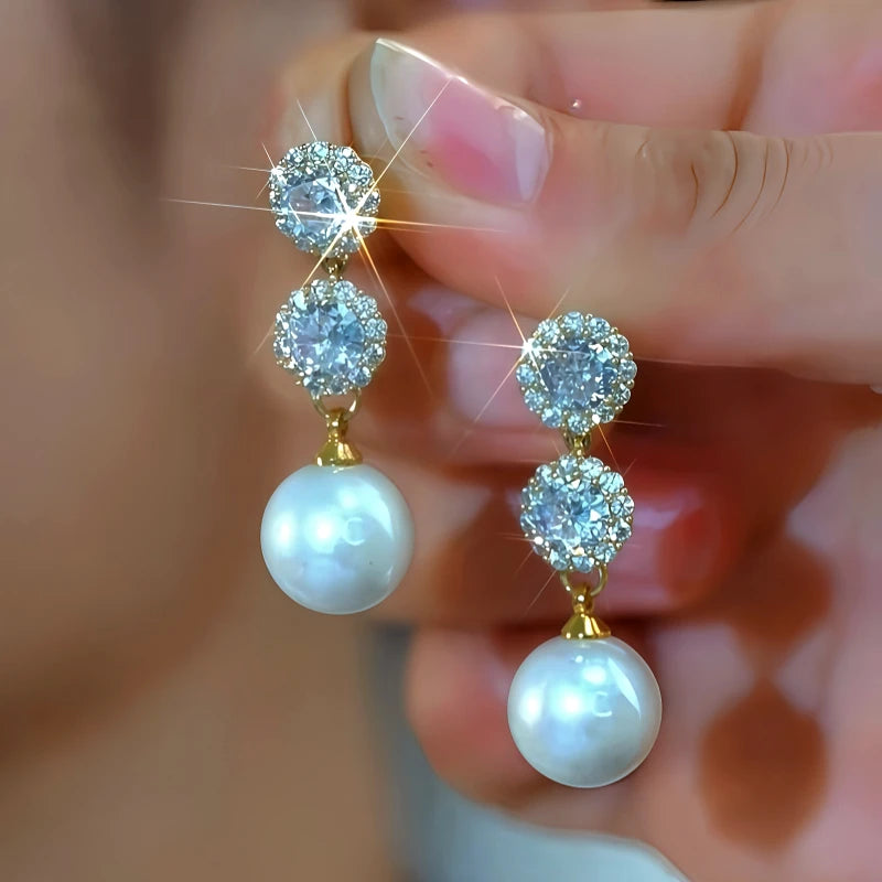 14K Gold-Plated Elegant Zircon Diamond Pearl Earrings - elegant Pearl Drop Earrings