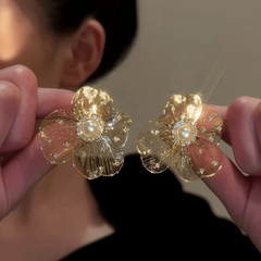 14K Gold-Plated Elegant Zircon Diamond Pearl Large Flower Stud Earrings - elegant Flower Stud Earrings