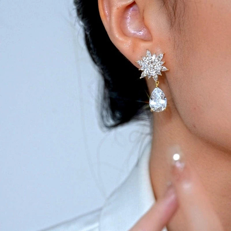 Close-up detail of the sparkling zircons and plating on the Water Drop Earrings