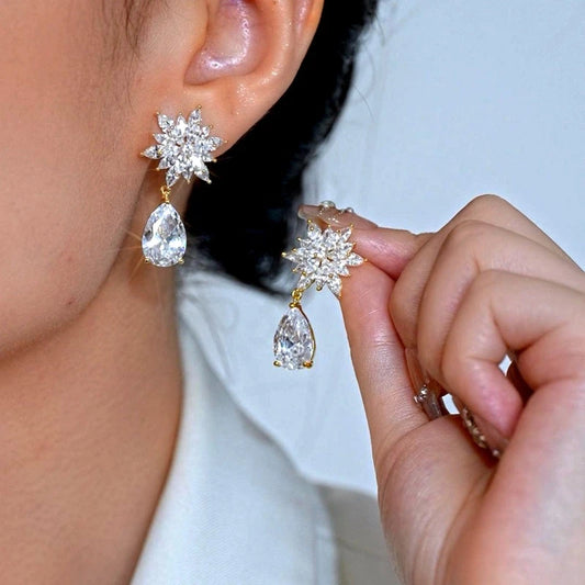 14K Gold-Plated Elegant Zircon Diamond Petal Flower Water Drop Earrings - elegant Water Drop Earrings
