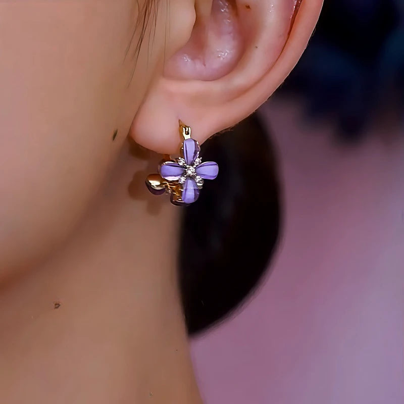14K Gold-Plated Elegant Zircon Diamond Purple Flower Earrings - elegant Purple Flower Earrings