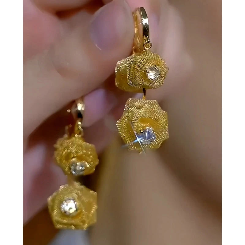 14K Gold-Plated Elegant Zircon Diamond Rose Tassel Earrings - elegant Rose Tassel Earrings