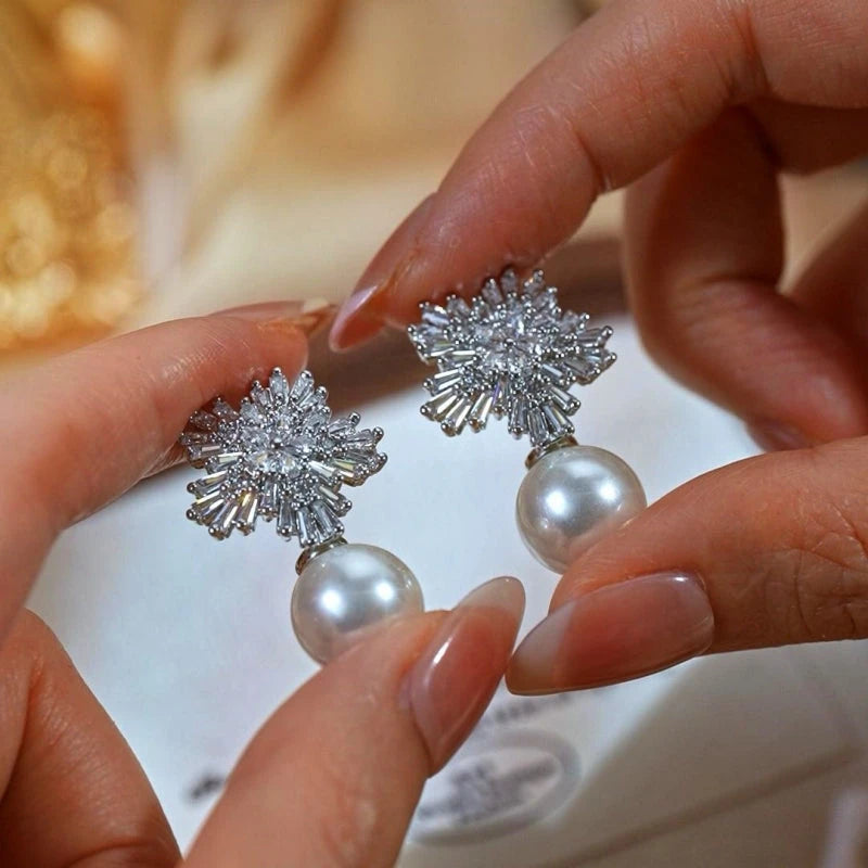 Close-up detail of the sparkling zircons and plating on the Snowflake Earrings