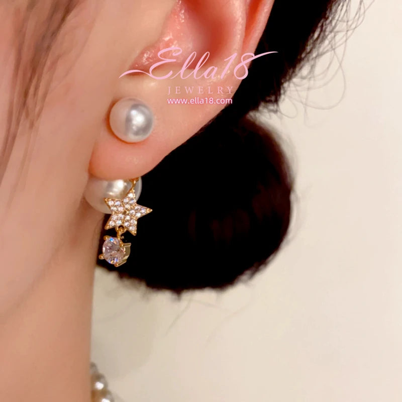 14K Gold-Plated Elegant Zircon Diamond Star Pearl Jacket Earrings - elegant Pearl Jacket Earrings