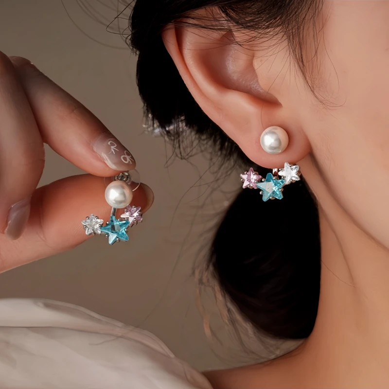 14K Gold-Plated Elegant Zircon Diamond Star Pearl Jacket Earrings And Ear Clips - elegant Jacket Earrings