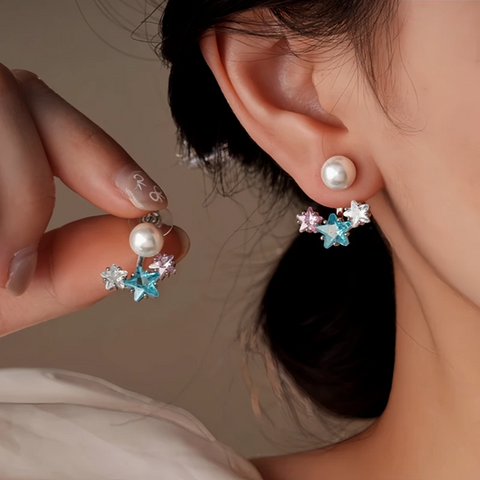 14K Gold-Plated Elegant Zircon Diamond Star Pearl Jacket Earrings And Ear Clips - elegant Jacket Earrings