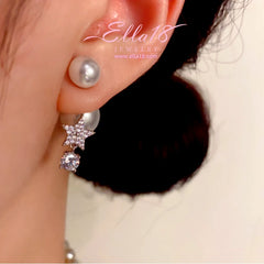 Model showcasing the dangle and style of the 14K Gold-Plated Elegant Zircon Diamond Star Pearl Jacket Earrings