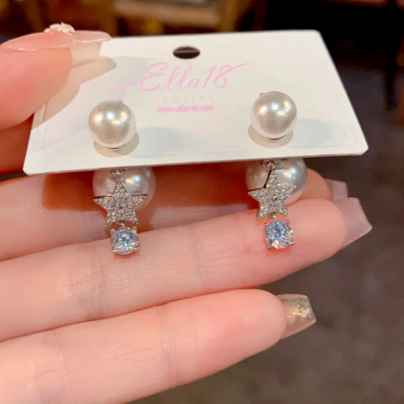 Close-up detail of the sparkling zircons and plating on the Pearl Jacket Earrings