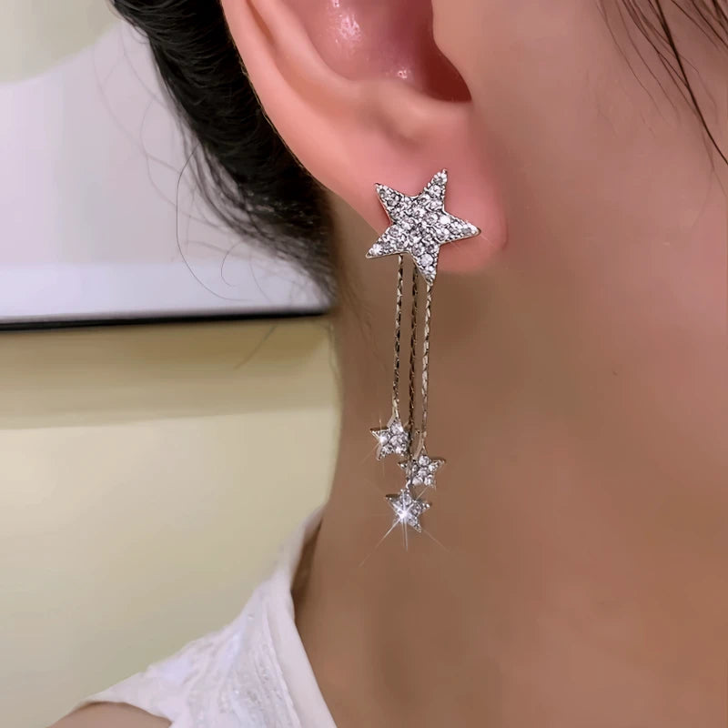 14K Gold-Plated Elegant Zircon Diamond Star Tassel Earrings - elegant Star Tassel Earrings
