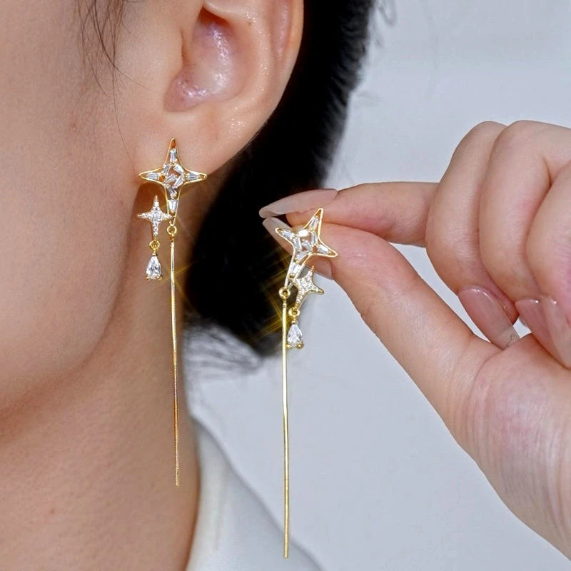 14K Gold-Plated Elegant Zircon Diamond Star Tassel Earrings - elegant Star Tassel Dangles