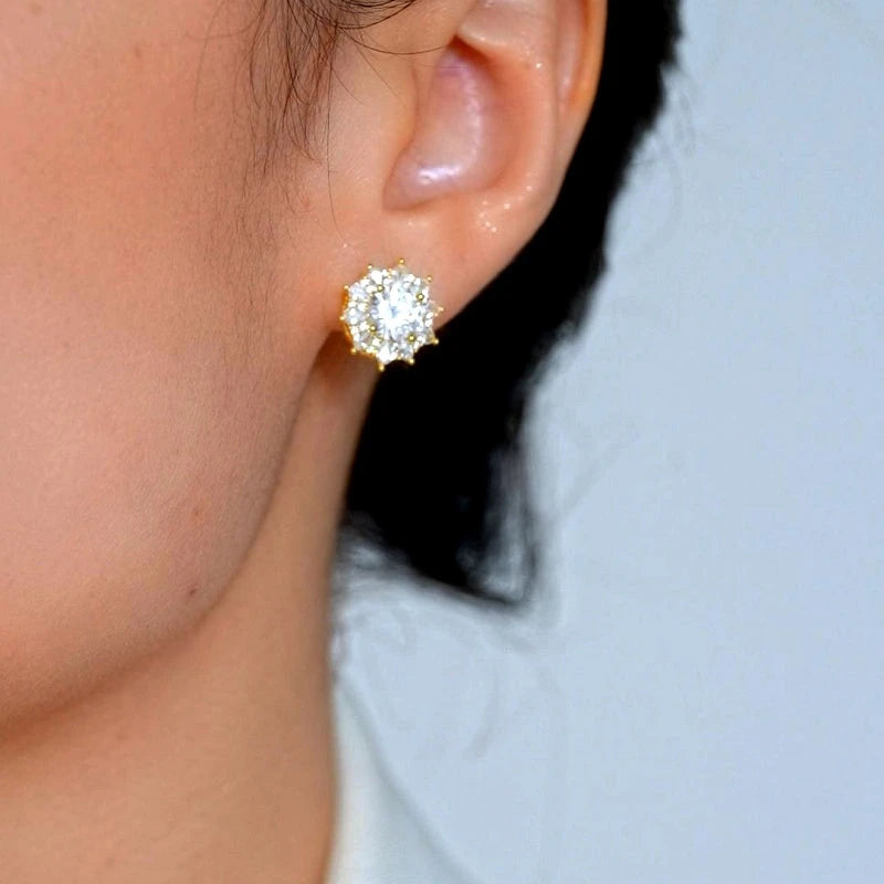 Model showcasing the dangle and style of the 14K Gold-Plated Elegant Zircon Diamond Stud Earrings
